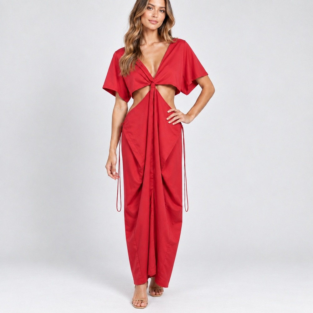 Abercrombie & Fitch Red Twist Front Cutout Midi Dress Short Sleeve XL